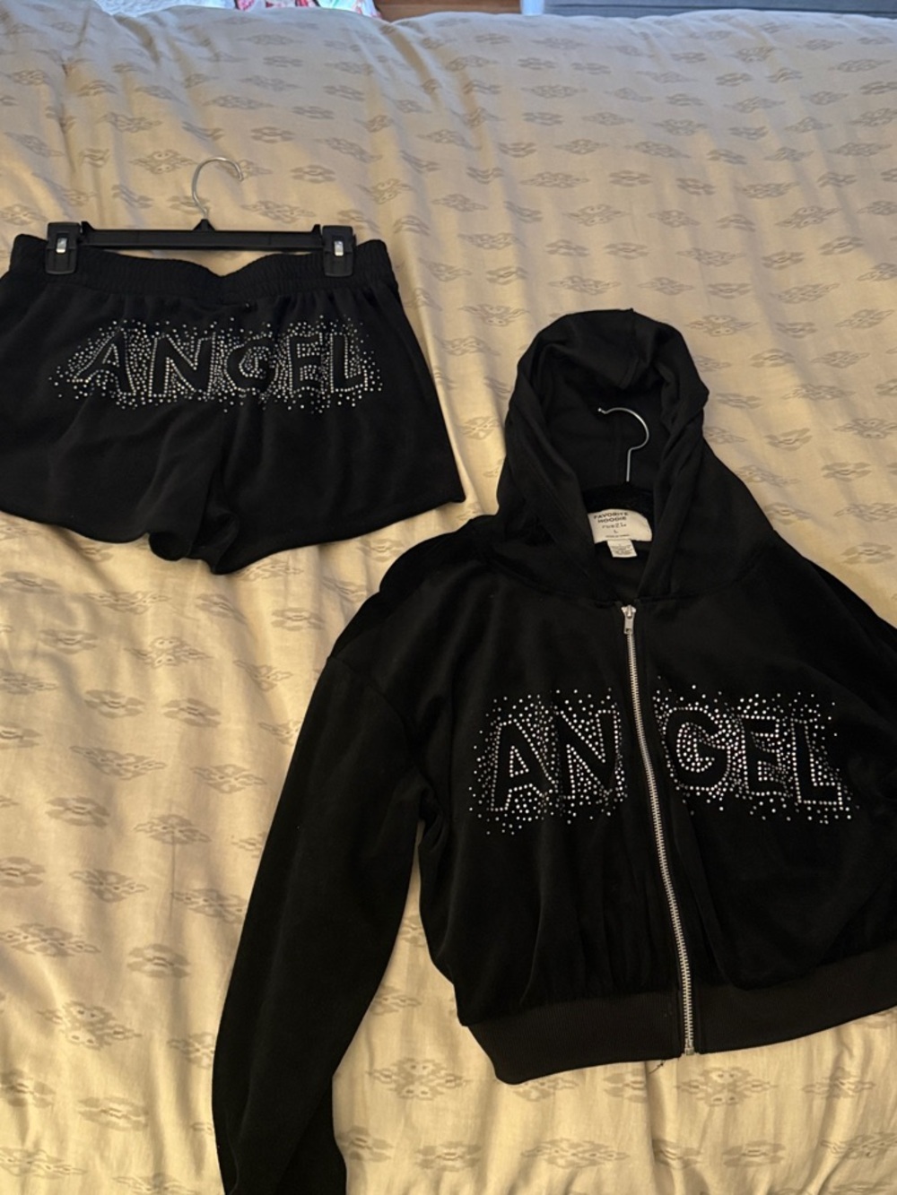 Black "ANGEL" Hoodie Zip Jacket & Shorts Set - Womens